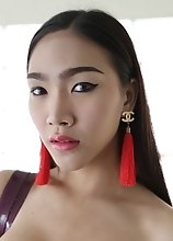21 year old busty Thai ladyboy strips and sucks tourist cock for a facial